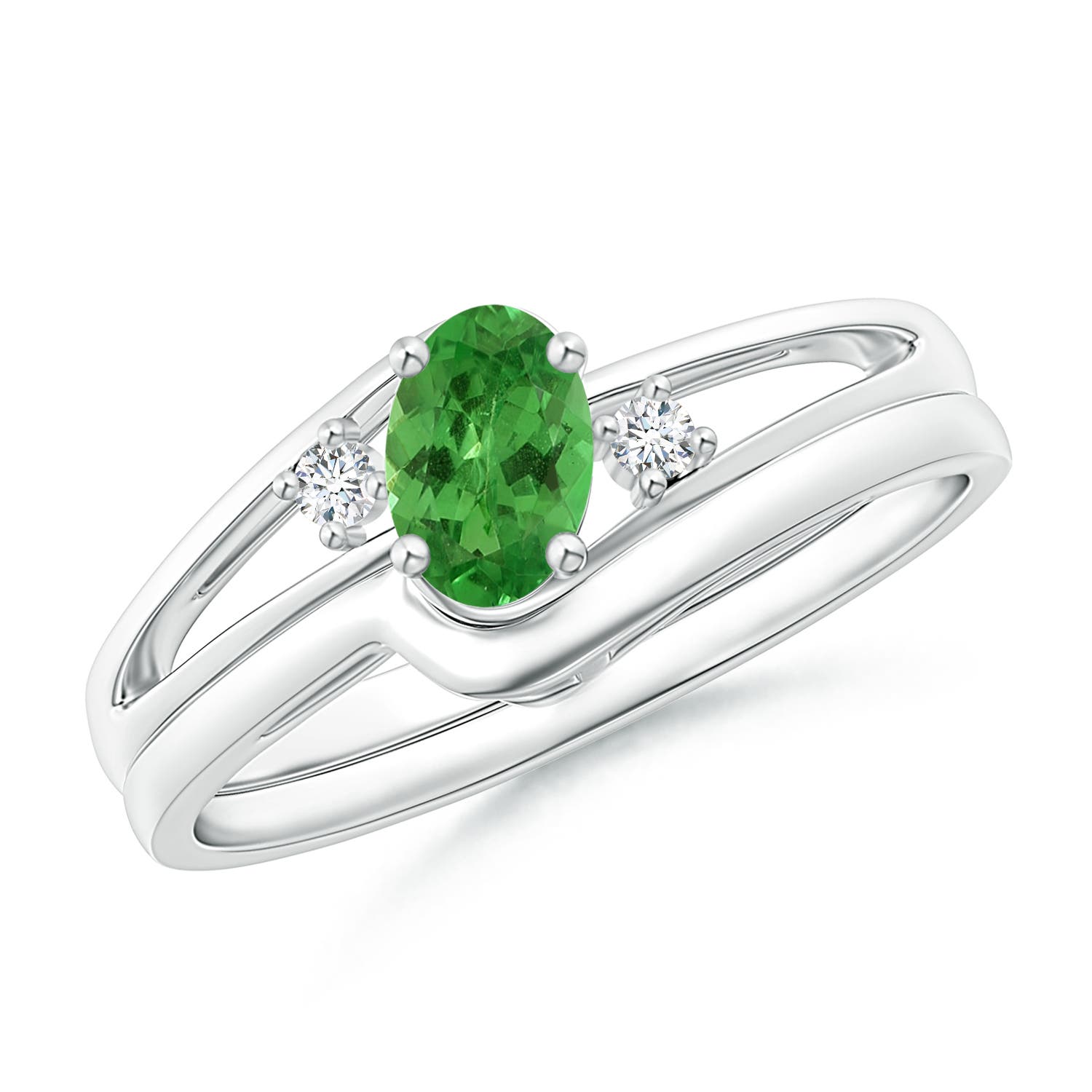 6x4mm AA Split Shank Tsavorite Engagement Ring with Wedding Band in White Gold