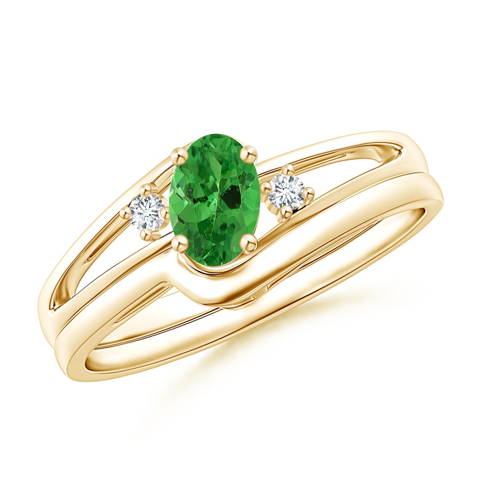 6x4mm AAA Split Shank Tsavorite Engagement Ring with Wedding Band in Yellow Gold 