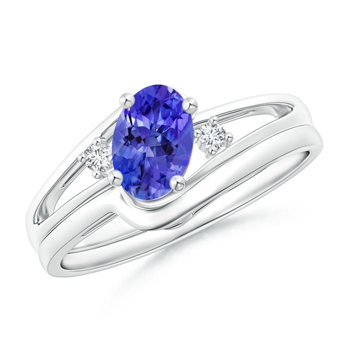 7x5mm AAA Split Shank Tanzanite Engagement Ring with Wedding Band in White Gold