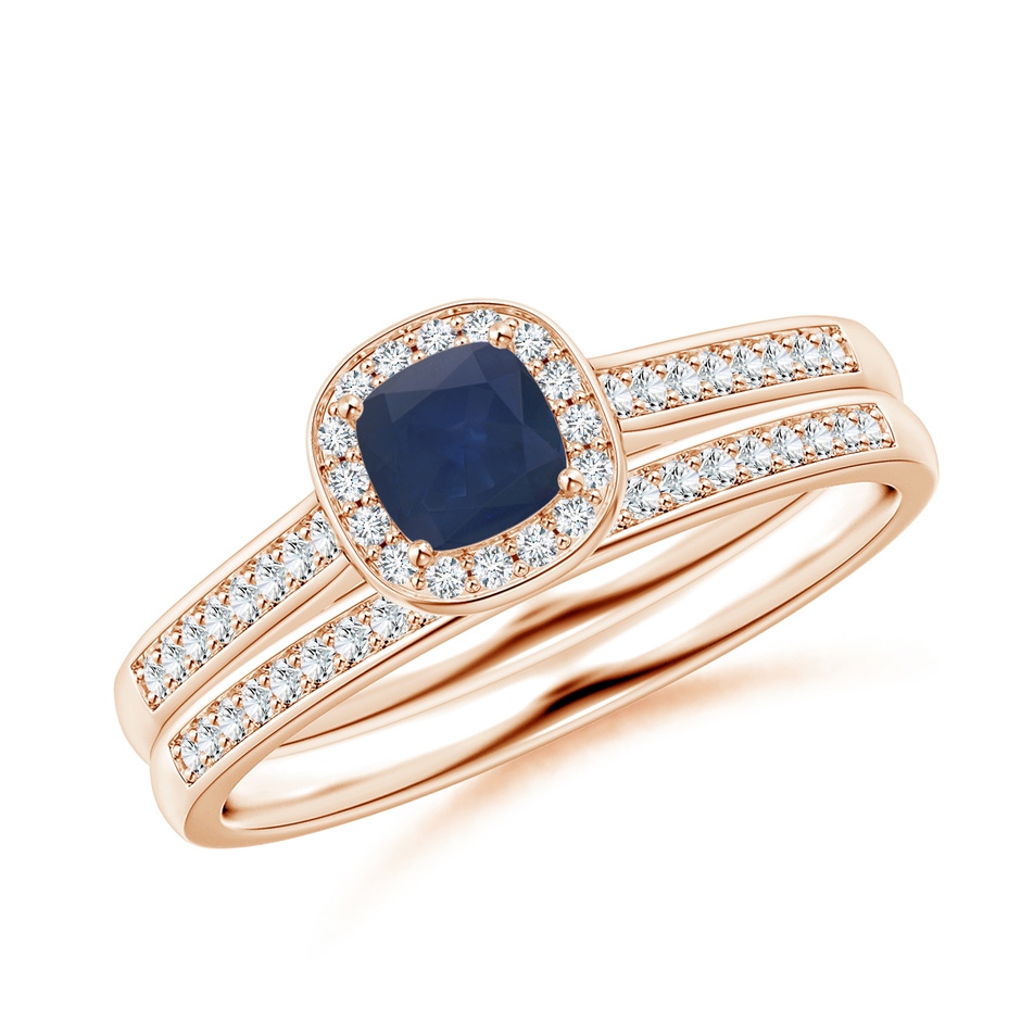 4mm A Classic Cushion Blue Sapphire Bridal Set with Diamonds in Rose Gold 