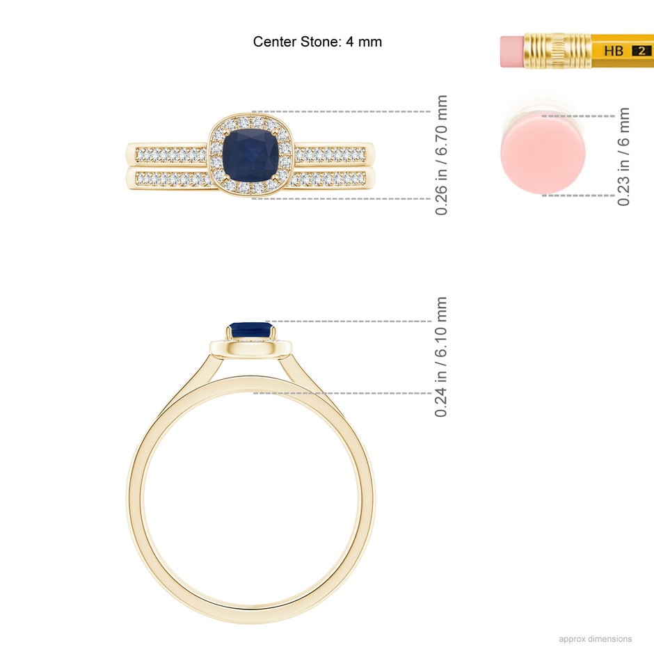 4mm A Classic Cushion Blue Sapphire Bridal Set with Diamonds in Yellow Gold ruler
