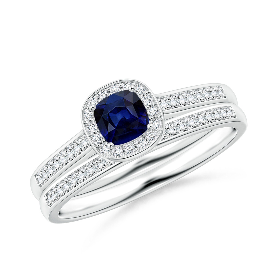 4mm AAA Classic Cushion Blue Sapphire Bridal Set with Diamonds in White Gold 