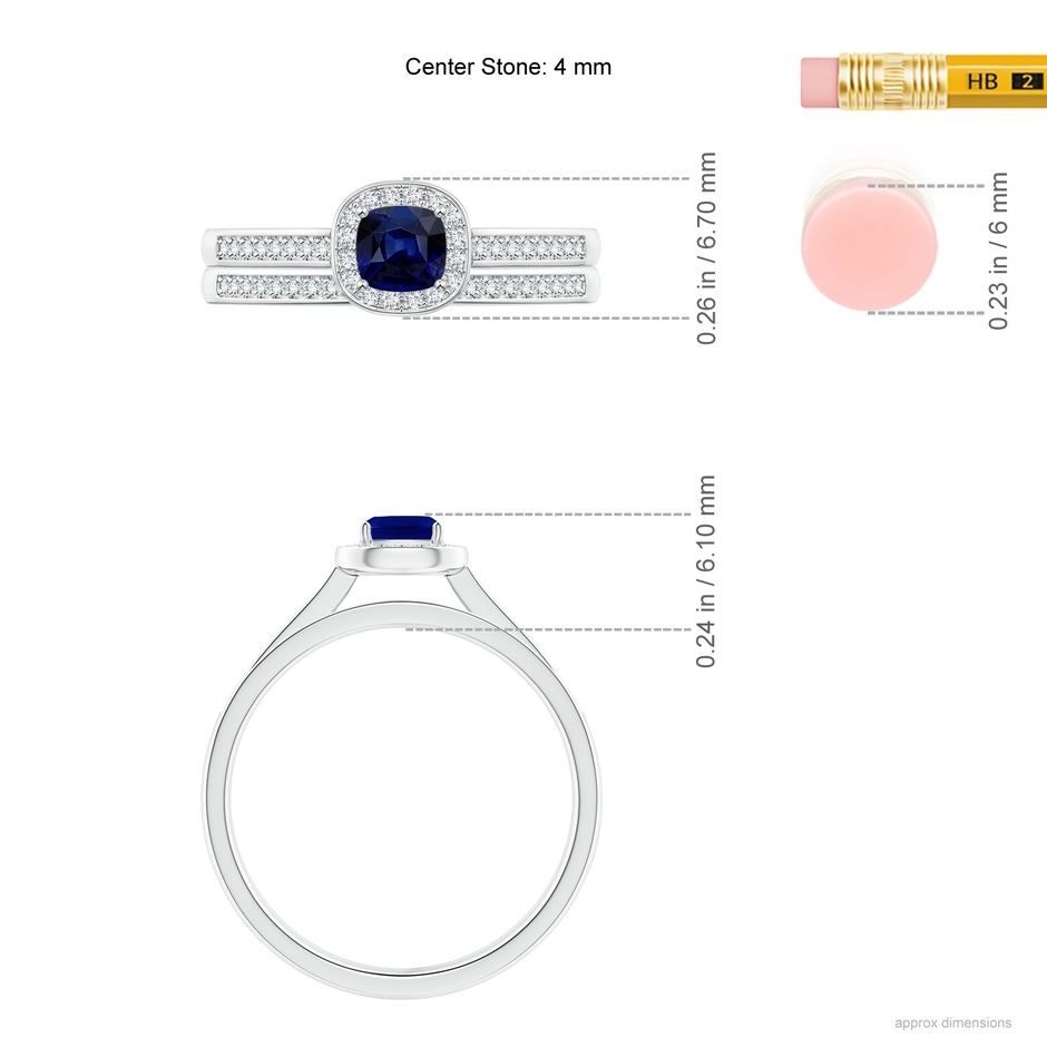 4mm AAA Classic Cushion Blue Sapphire Bridal Set with Diamonds in White Gold ruler