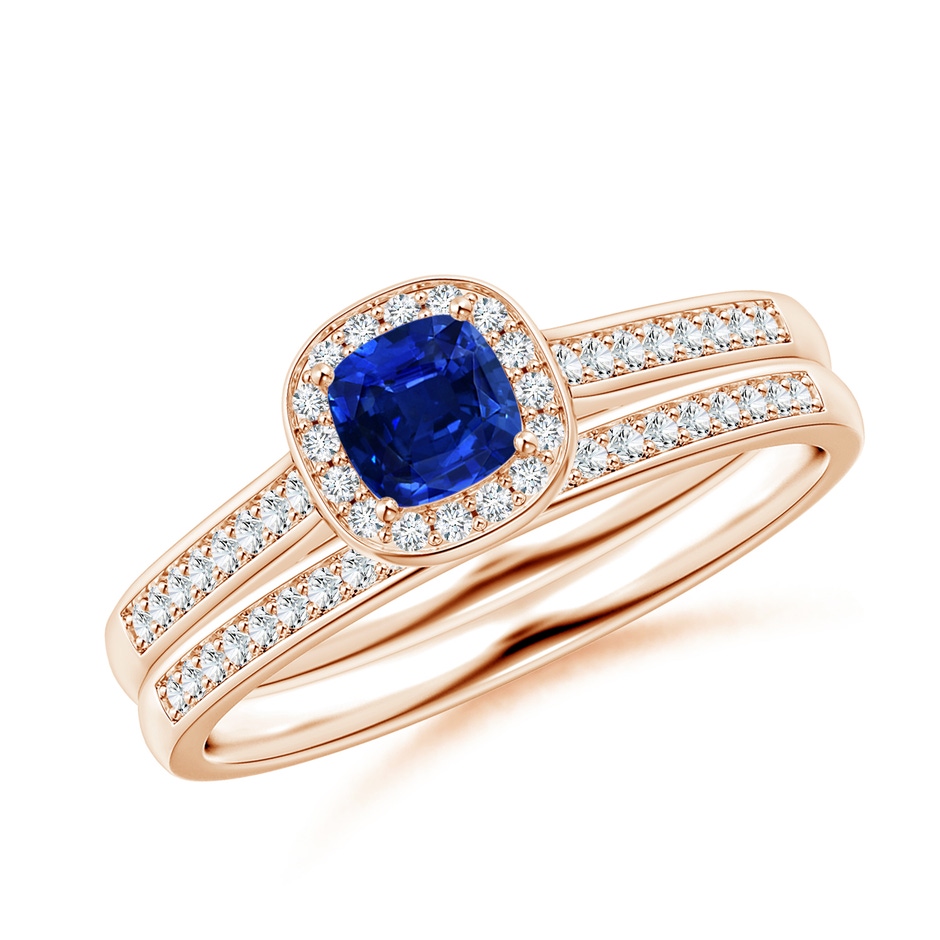 4mm AAAA Classic Cushion Blue Sapphire Bridal Set with Diamonds in Rose Gold 