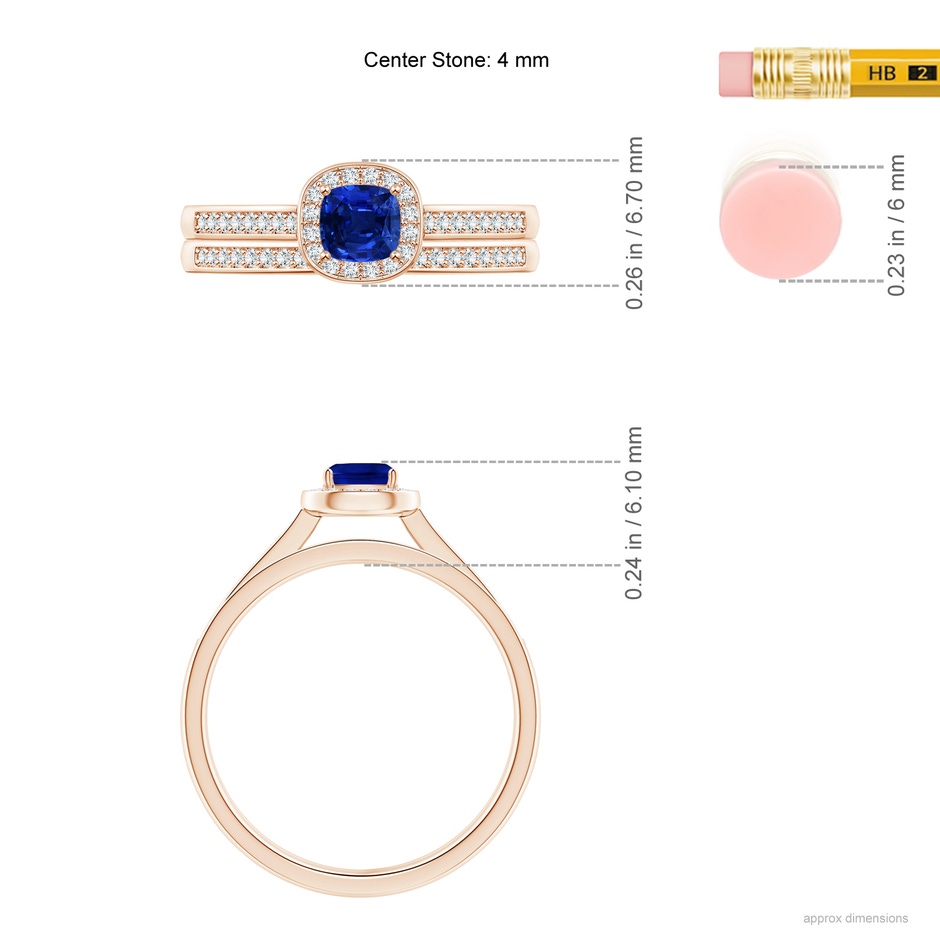 4mm AAAA Classic Cushion Blue Sapphire Bridal Set with Diamonds in Rose Gold ruler