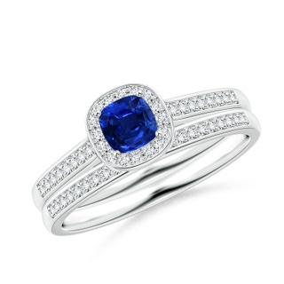 4mm AAAA Classic Cushion Blue Sapphire Bridal Set with Diamonds in White Gold