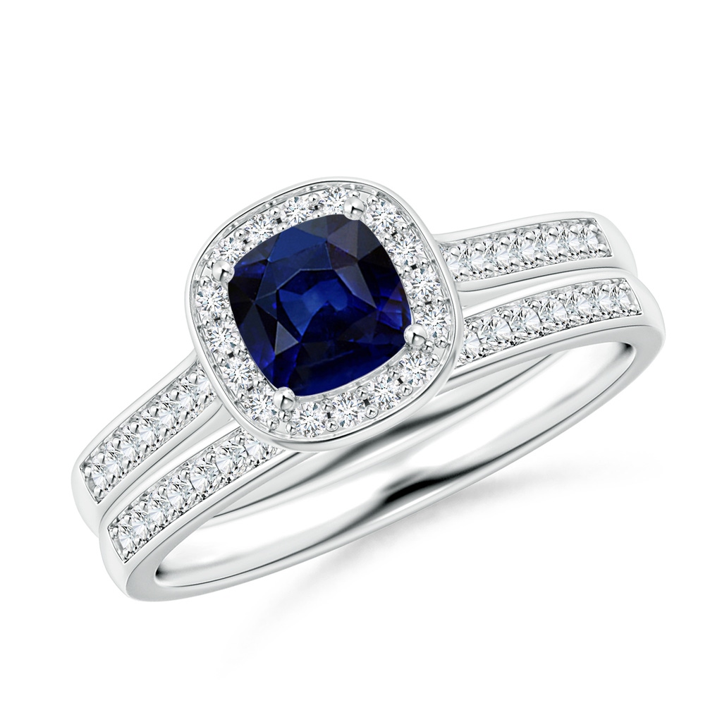 5mm AAA Classic Cushion Blue Sapphire Bridal Set with Diamonds in White Gold