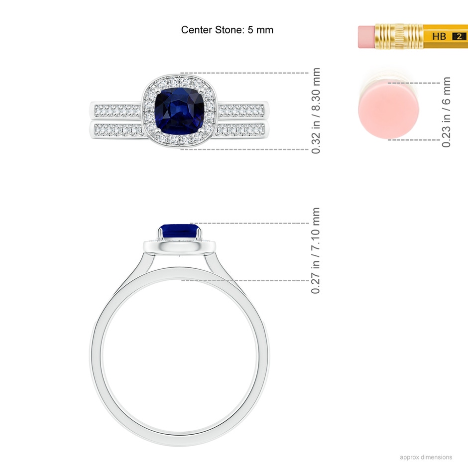 5mm AAA Classic Cushion Blue Sapphire Bridal Set with Diamonds in White Gold ruler