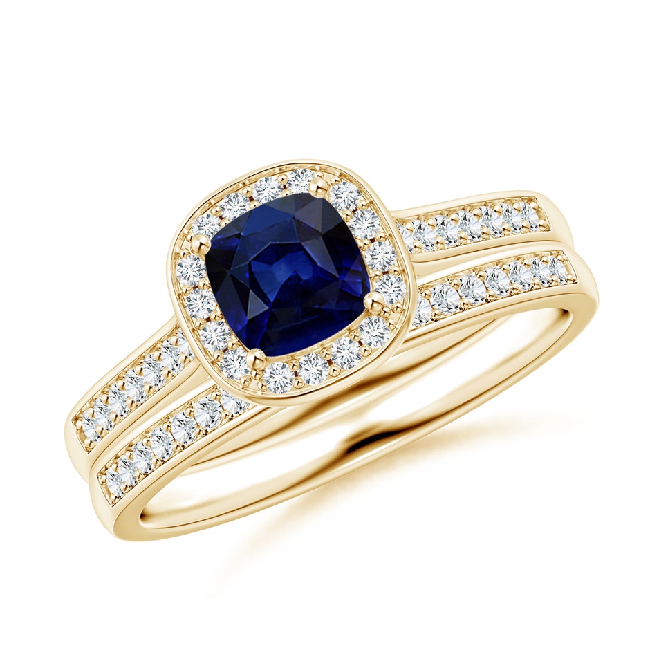 5mm AAA Classic Cushion Blue Sapphire Bridal Set with Diamonds in Yellow Gold 