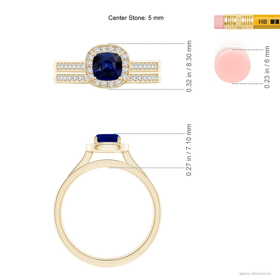 5mm AAA Classic Cushion Blue Sapphire Bridal Set with Diamonds in Yellow Gold ruler