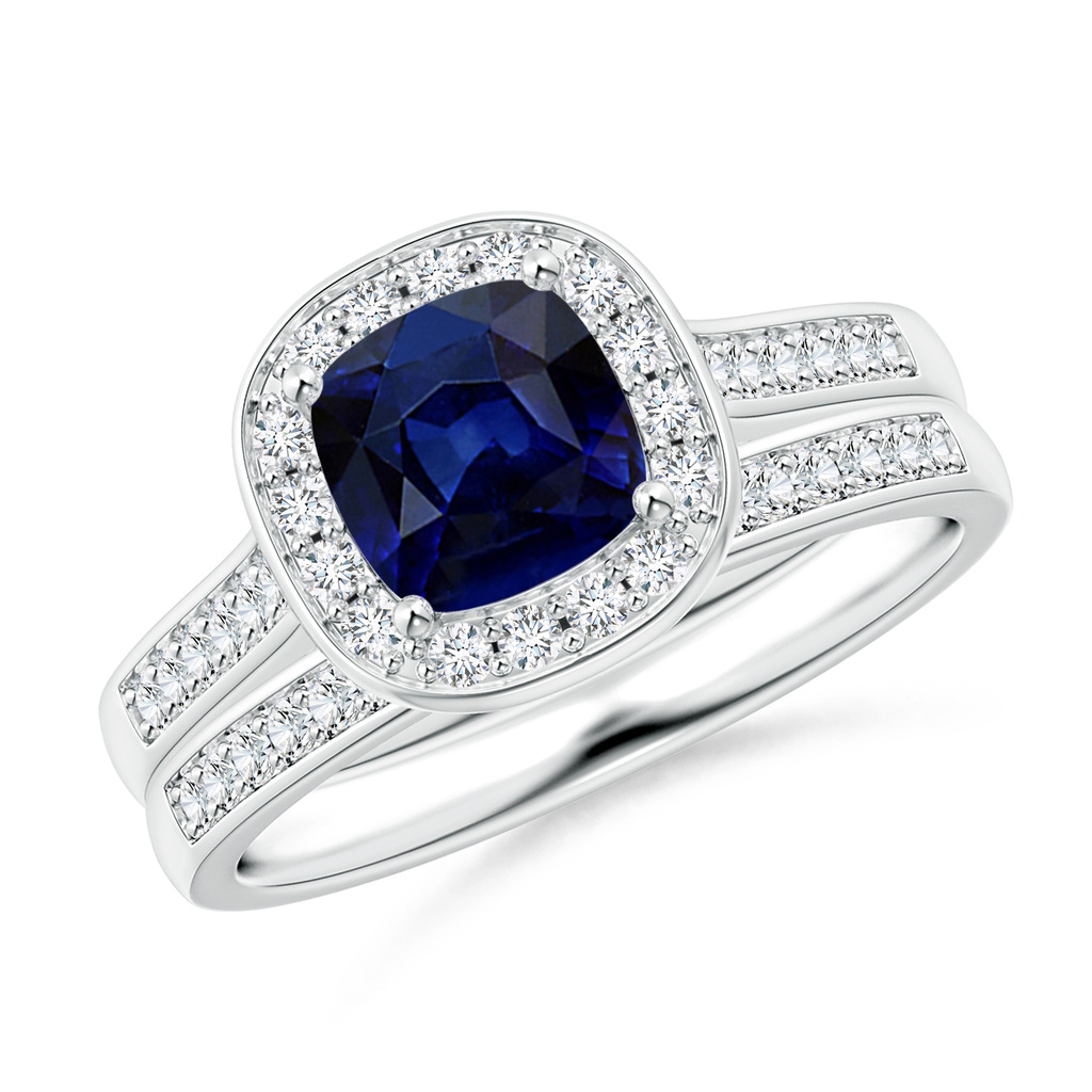 6mm AAA Classic Cushion Blue Sapphire Bridal Set with Diamonds in White Gold