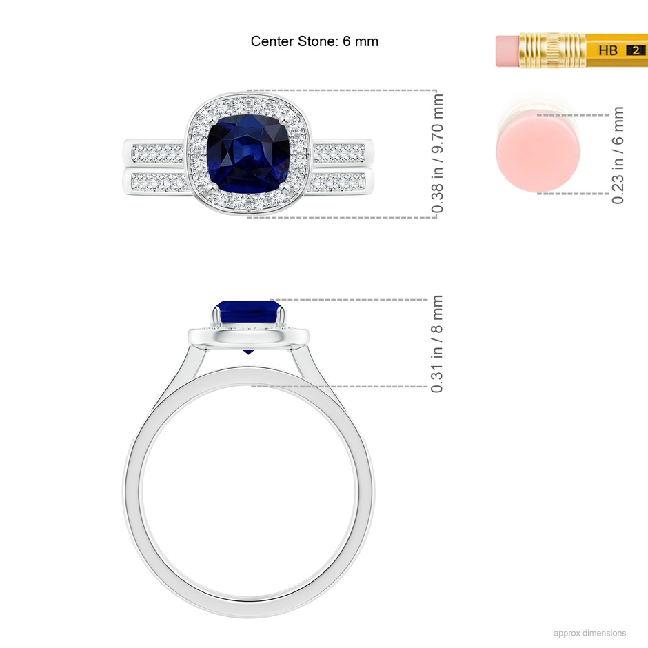 6mm AAA Classic Cushion Blue Sapphire Bridal Set with Diamonds in White Gold ruler