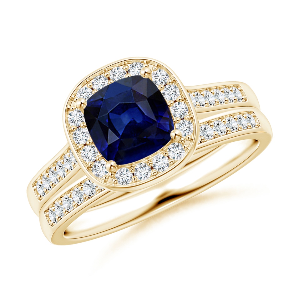 6mm AAA Classic Cushion Blue Sapphire Bridal Set with Diamonds in Yellow Gold 