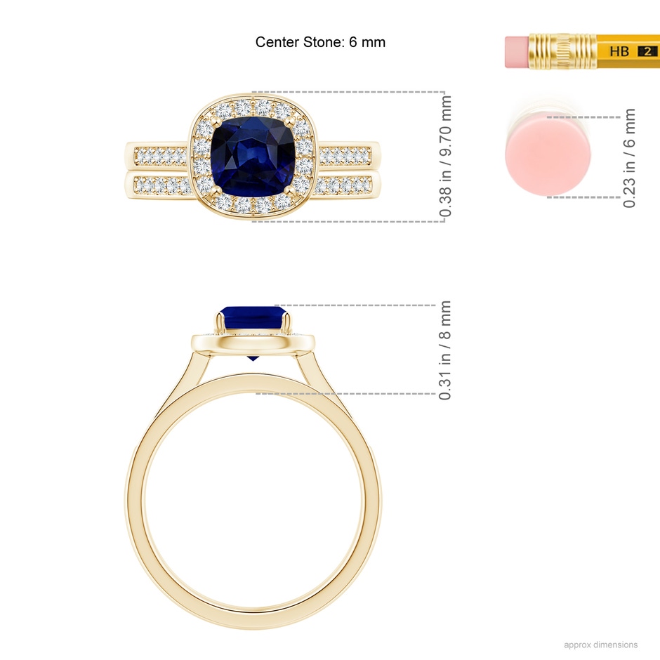 6mm AAA Classic Cushion Blue Sapphire Bridal Set with Diamonds in Yellow Gold ruler