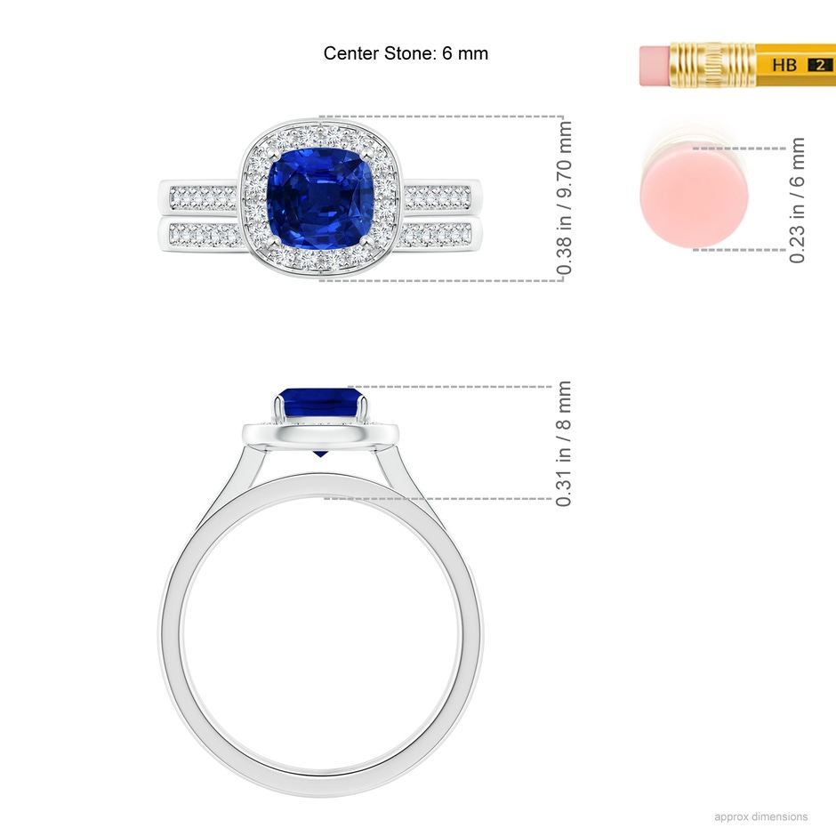 6mm AAAA Classic Cushion Blue Sapphire Bridal Set with Diamonds in P950 Platinum ruler