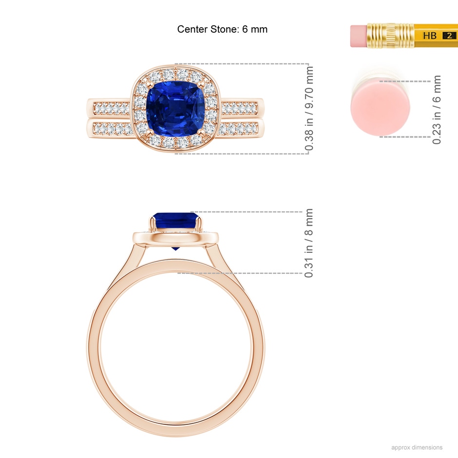 6mm AAAA Classic Cushion Blue Sapphire Bridal Set with Diamonds in Rose Gold ruler