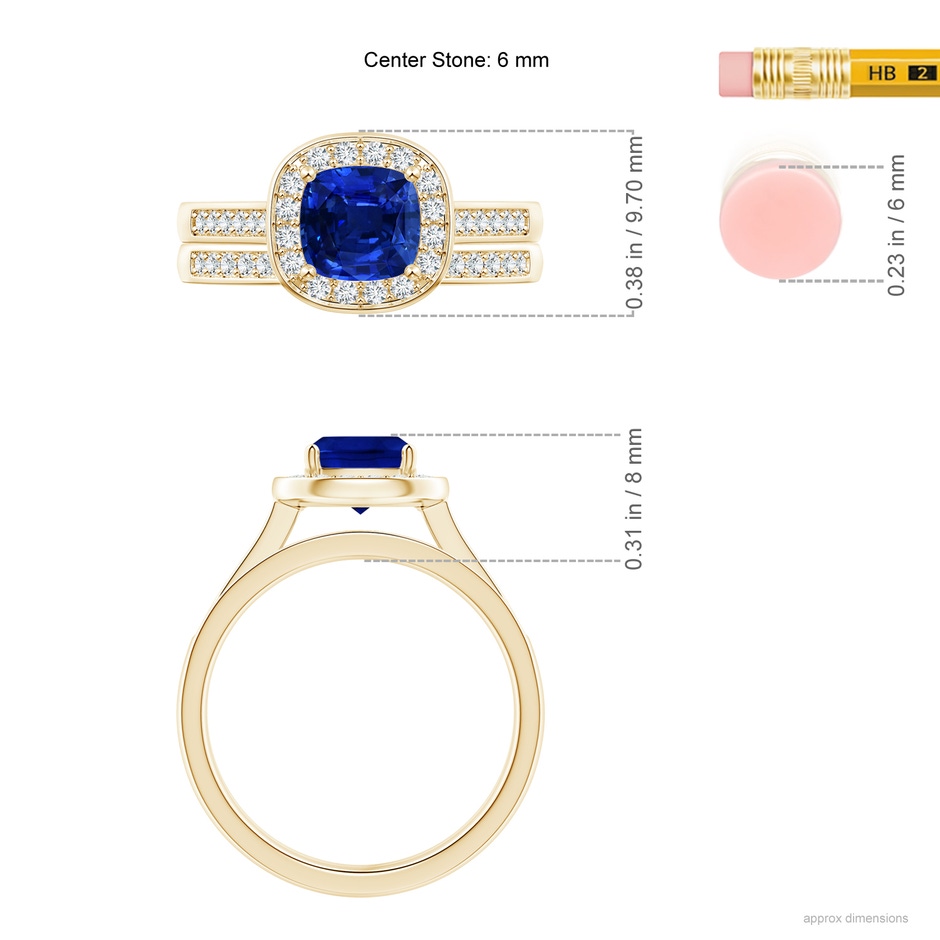 6mm AAAA Classic Cushion Blue Sapphire Bridal Set with Diamonds in Yellow Gold ruler