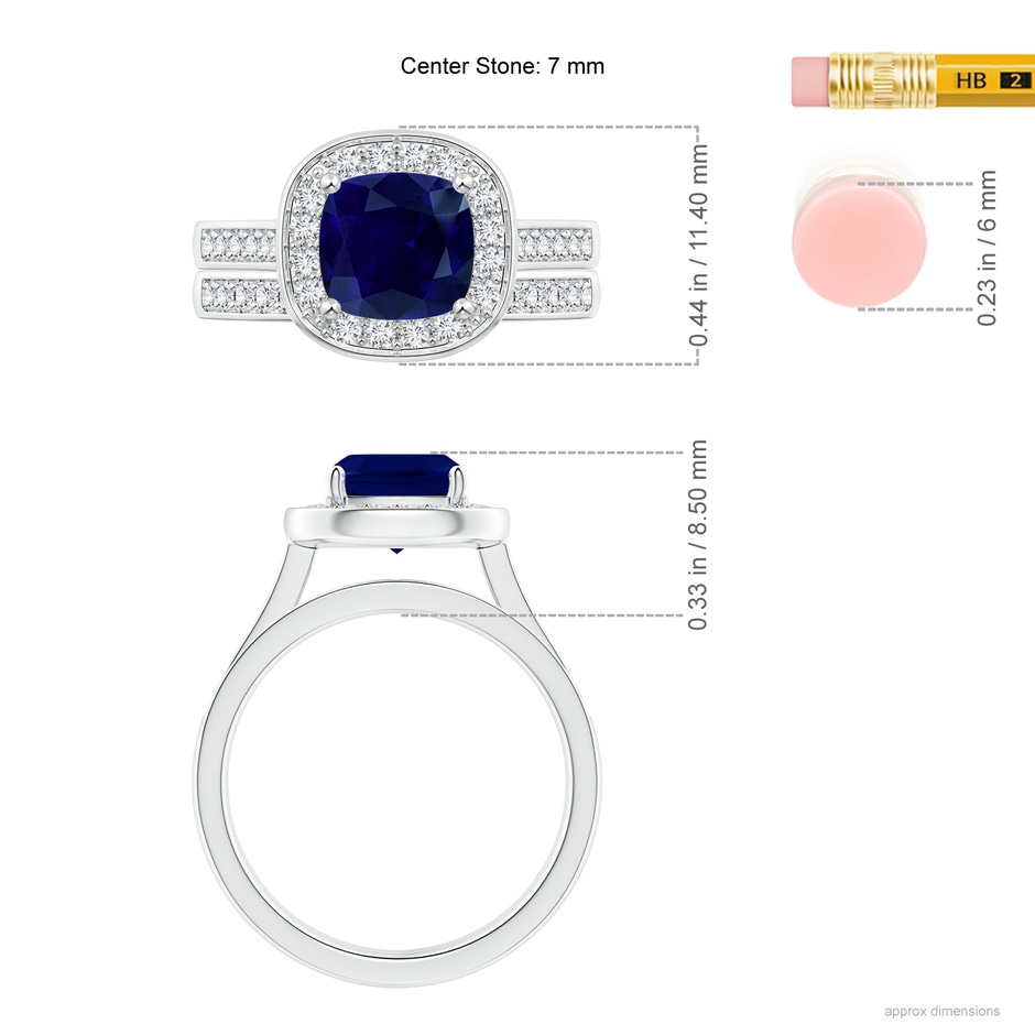 7mm AA Classic Cushion Blue Sapphire Bridal Set with Diamonds in P950 Platinum ruler