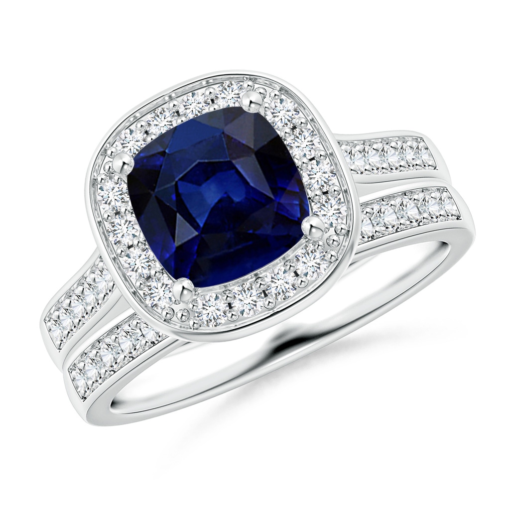 7mm AAA Classic Cushion Blue Sapphire Bridal Set with Diamonds in White Gold 