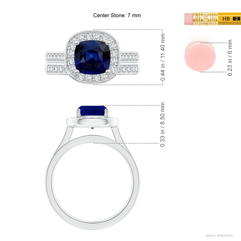7mm AAA Classic Cushion Blue Sapphire Bridal Set with Diamonds in White Gold Ruler