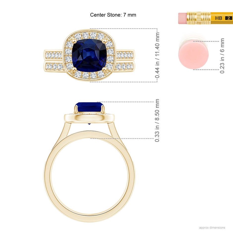 7mm AAA Classic Cushion Blue Sapphire Bridal Set with Diamonds in Yellow Gold ruler
