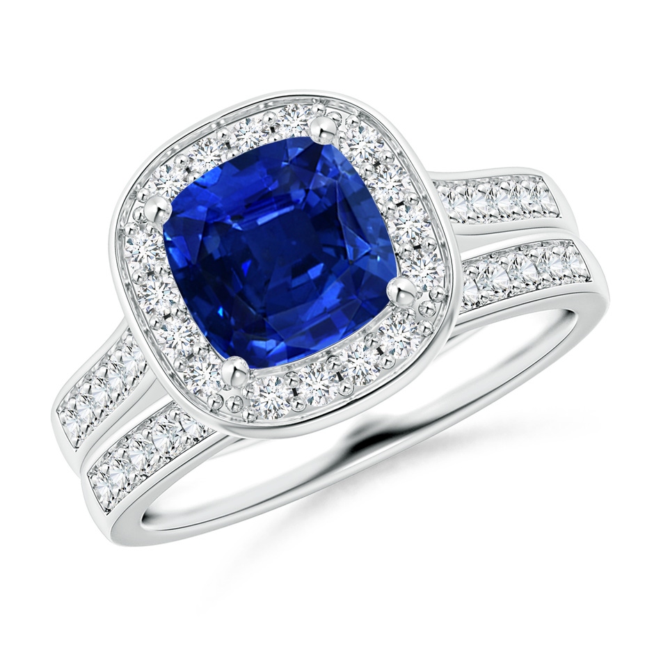 7mm AAAA Classic Cushion Blue Sapphire Bridal Set with Diamonds in P950 Platinum 