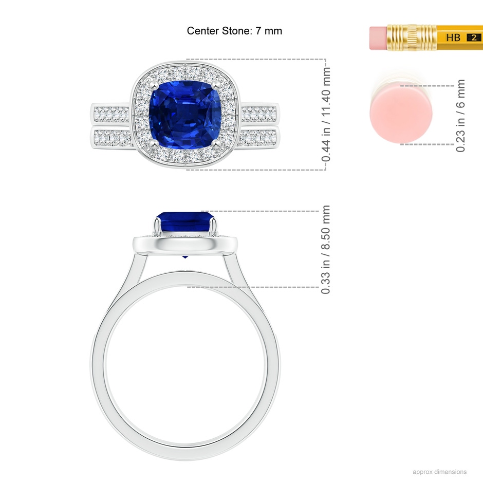 7mm AAAA Classic Cushion Blue Sapphire Bridal Set with Diamonds in P950 Platinum ruler