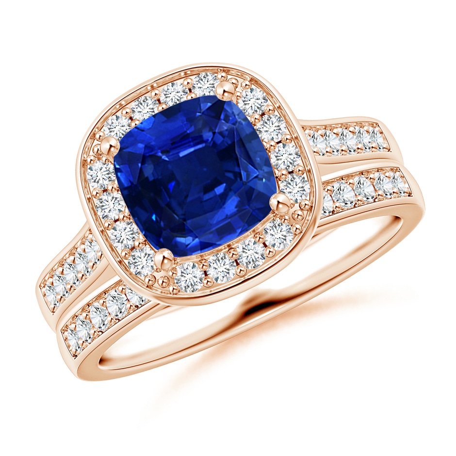 7mm AAAA Classic Cushion Blue Sapphire Bridal Set with Diamonds in Rose Gold 