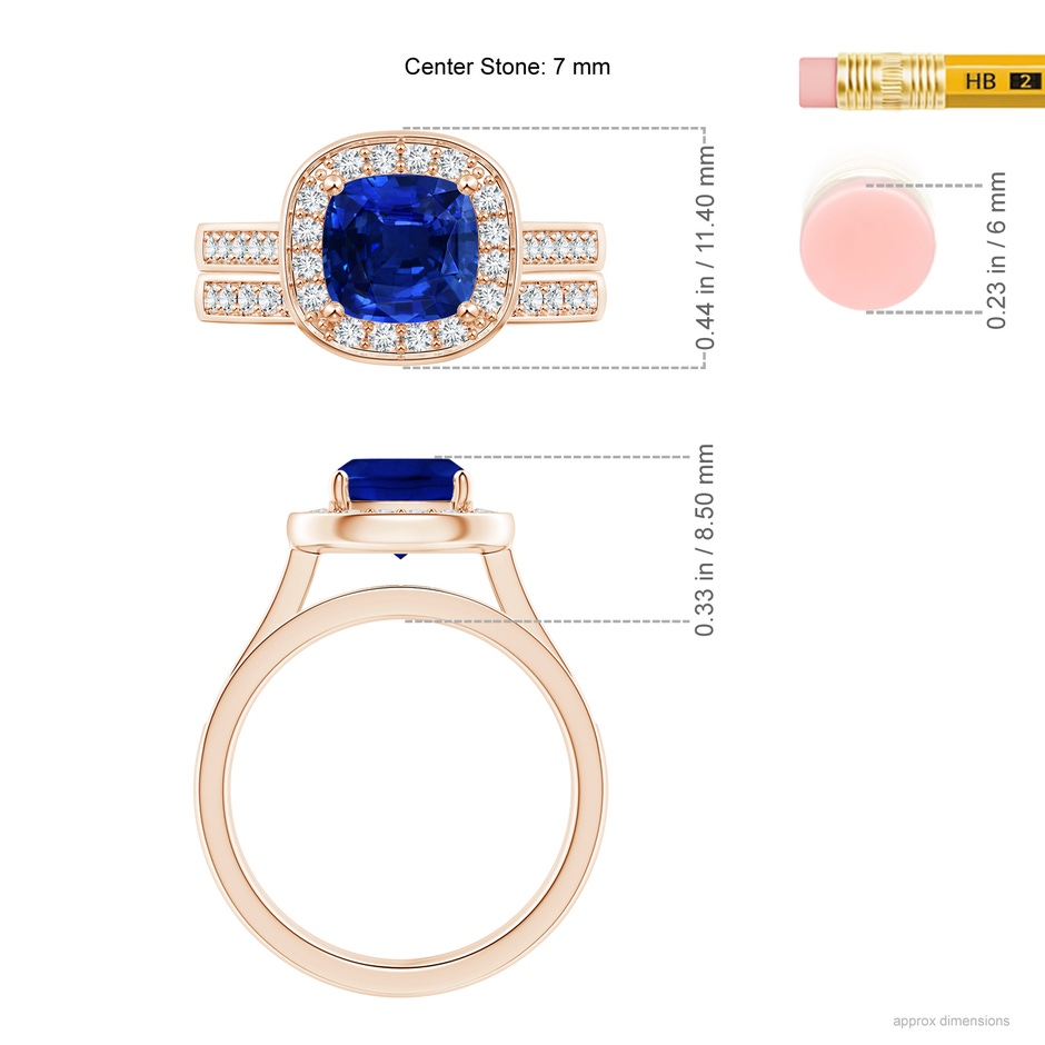 7mm AAAA Classic Cushion Blue Sapphire Bridal Set with Diamonds in Rose Gold ruler