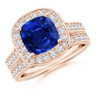 8mm AAAA Classic Cushion Blue Sapphire Bridal Set with Diamonds in 9K Rose Gold