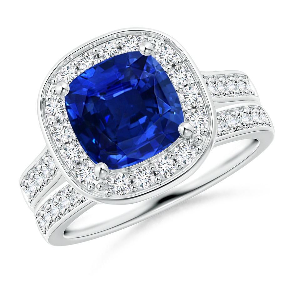 8mm AAAA Classic Cushion Blue Sapphire Bridal Set with Diamonds in P950 Platinum 