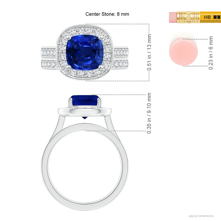8mm AAAA Classic Cushion Blue Sapphire Bridal Set with Diamonds in P950 Platinum ruler