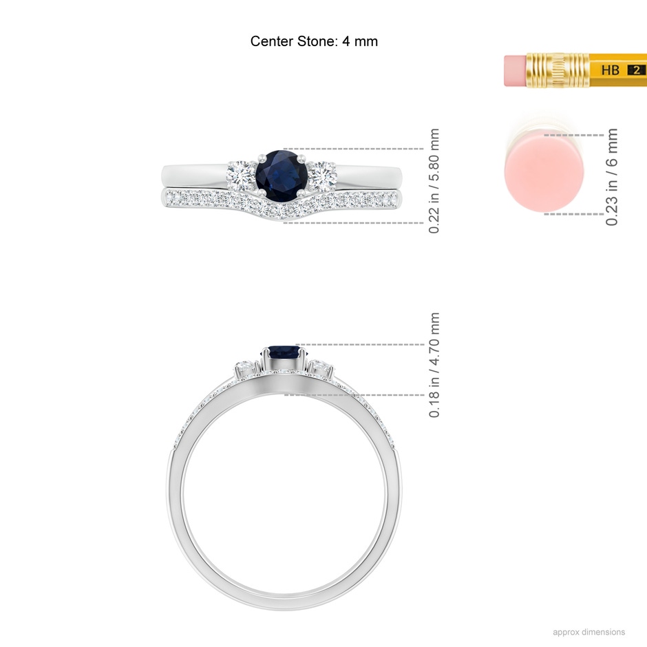 4mm A Sapphire and Diamond Three Stone Bridal Set in White Gold ruler