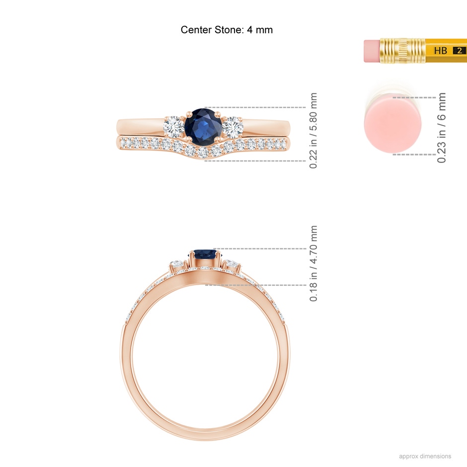4mm AA Sapphire and Diamond Three Stone Bridal Set in Rose Gold ruler