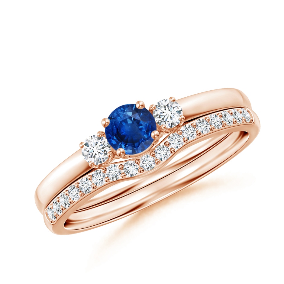 4mm AAA Sapphire and Diamond Three Stone Bridal Set in Rose Gold 