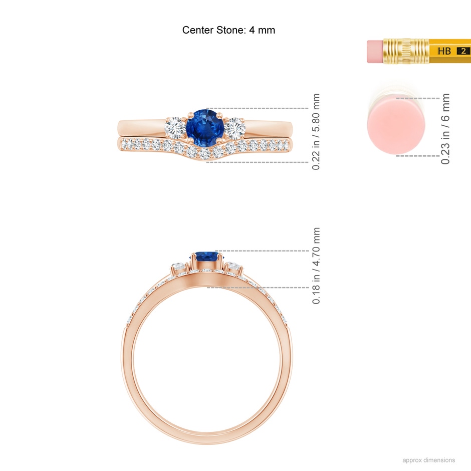 4mm AAA Sapphire and Diamond Three Stone Bridal Set in Rose Gold ruler