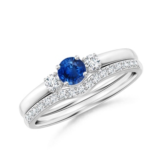 4mm AAA Sapphire and Diamond Three Stone Bridal Set in White Gold