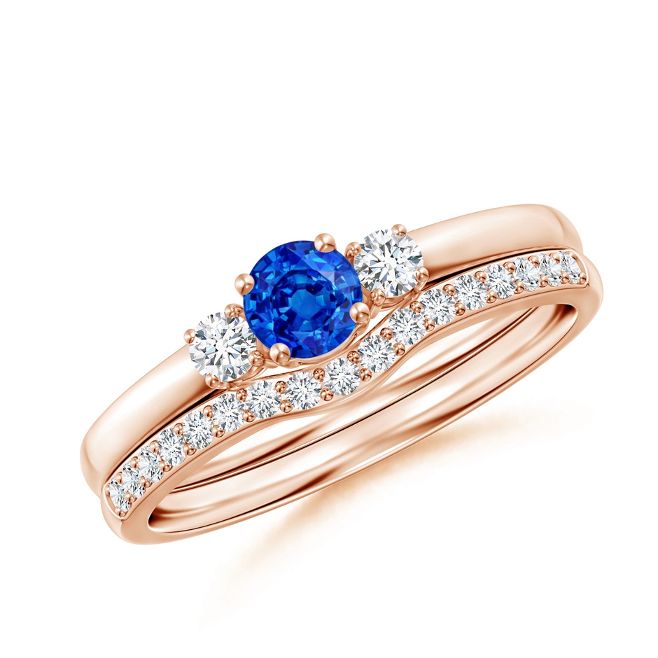 4mm AAAA Sapphire and Diamond Three Stone Bridal Set in Rose Gold 