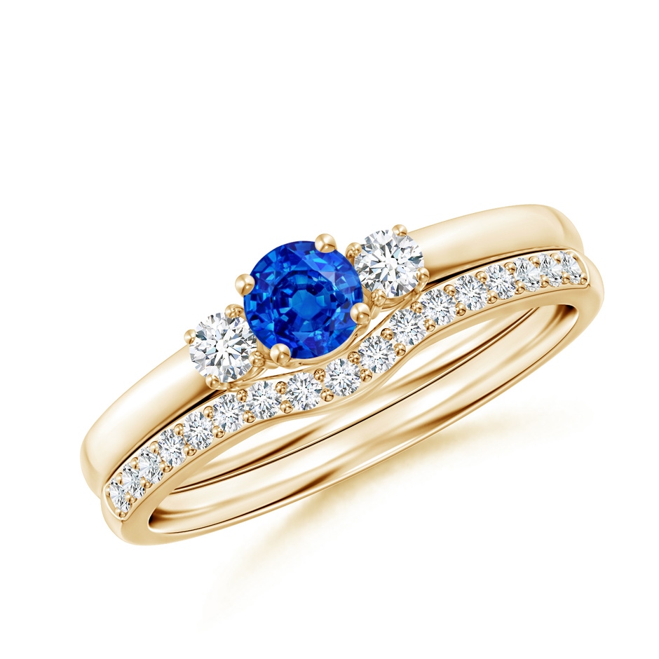 4mm AAAA Sapphire and Diamond Three Stone Bridal Set in Yellow Gold 
