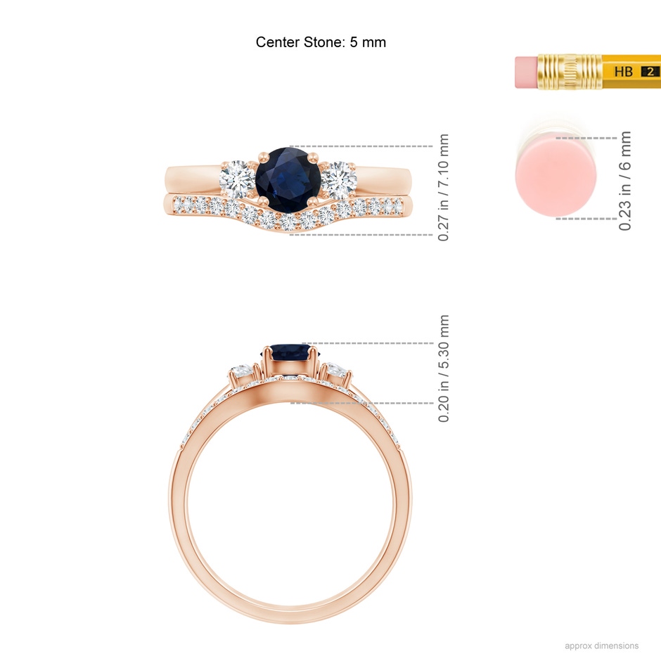 5mm A Sapphire and Diamond Three Stone Bridal Set in Rose Gold ruler