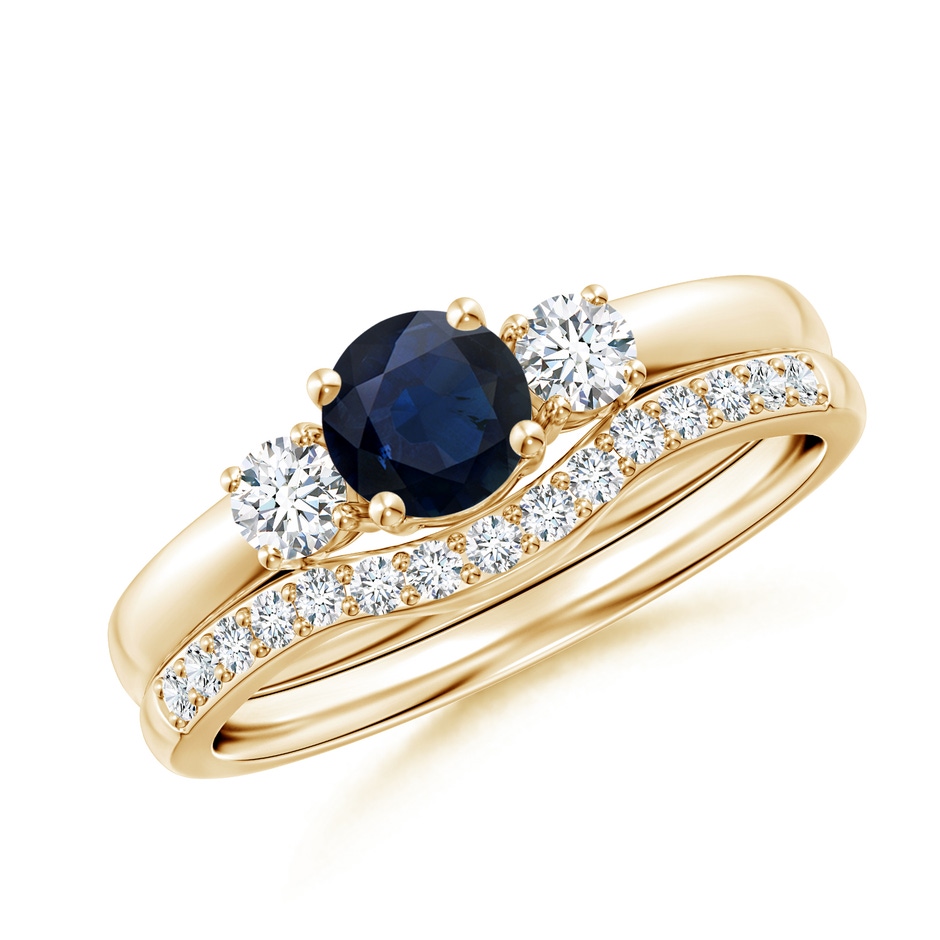 5mm A Sapphire and Diamond Three Stone Bridal Set in Yellow Gold 
