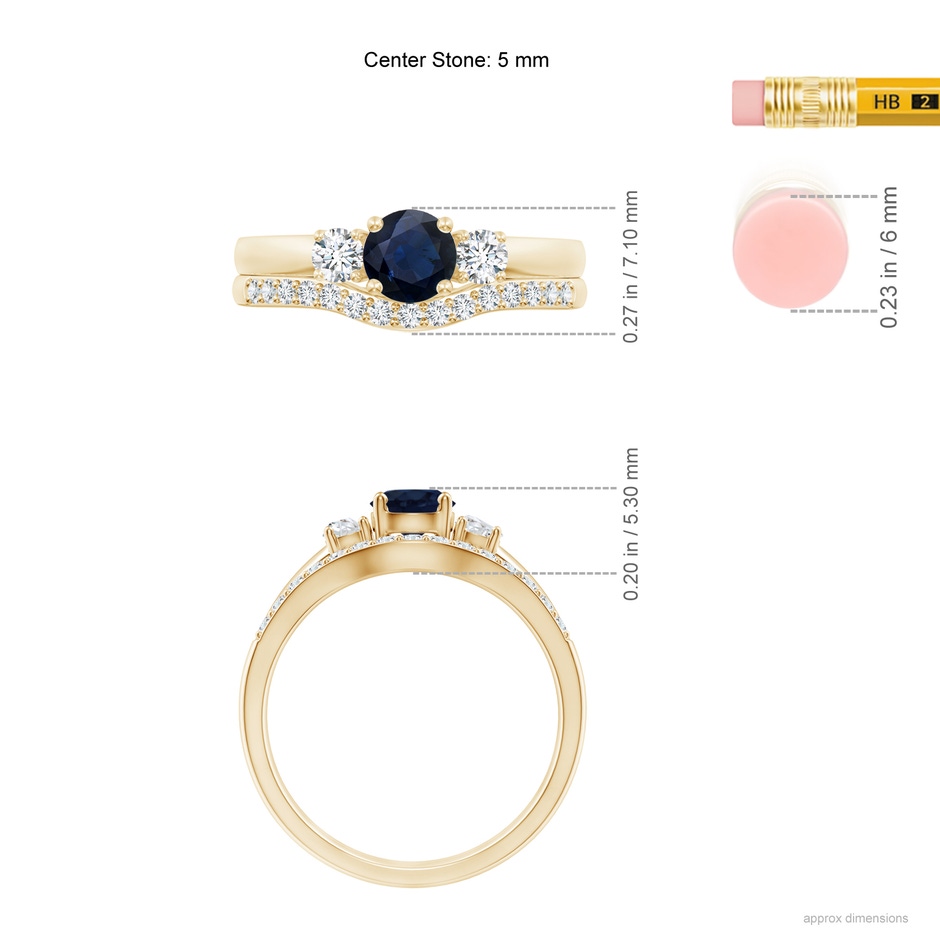5mm A Sapphire and Diamond Three Stone Bridal Set in Yellow Gold ruler