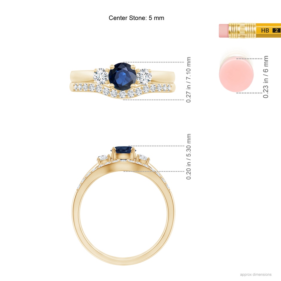 5mm AA Sapphire and Diamond Three Stone Bridal Set in Yellow Gold ruler
