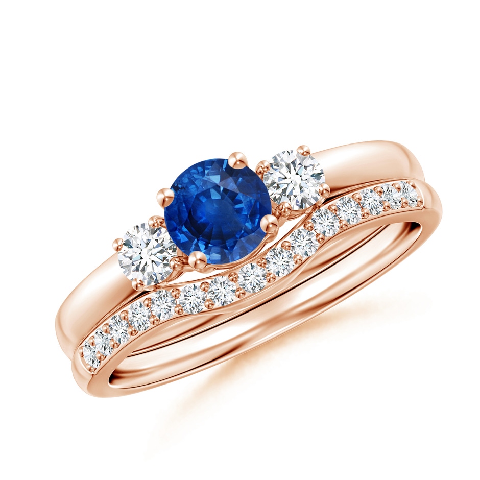 5mm AAA Sapphire and Diamond Three Stone Bridal Set in Rose Gold 