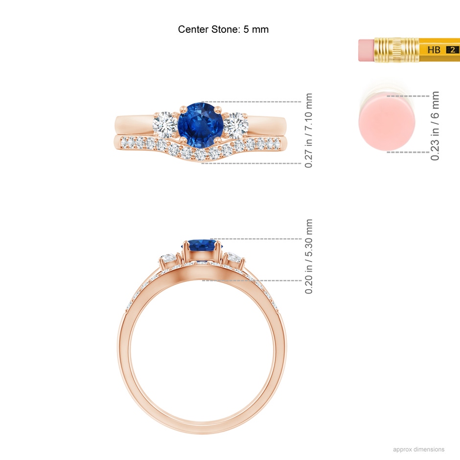 5mm AAA Sapphire and Diamond Three Stone Bridal Set in Rose Gold ruler
