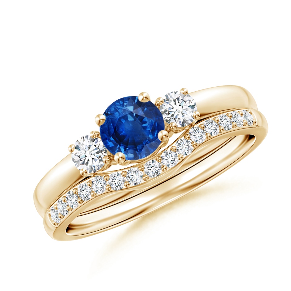 5mm AAA Sapphire and Diamond Three Stone Bridal Set in Yellow Gold 