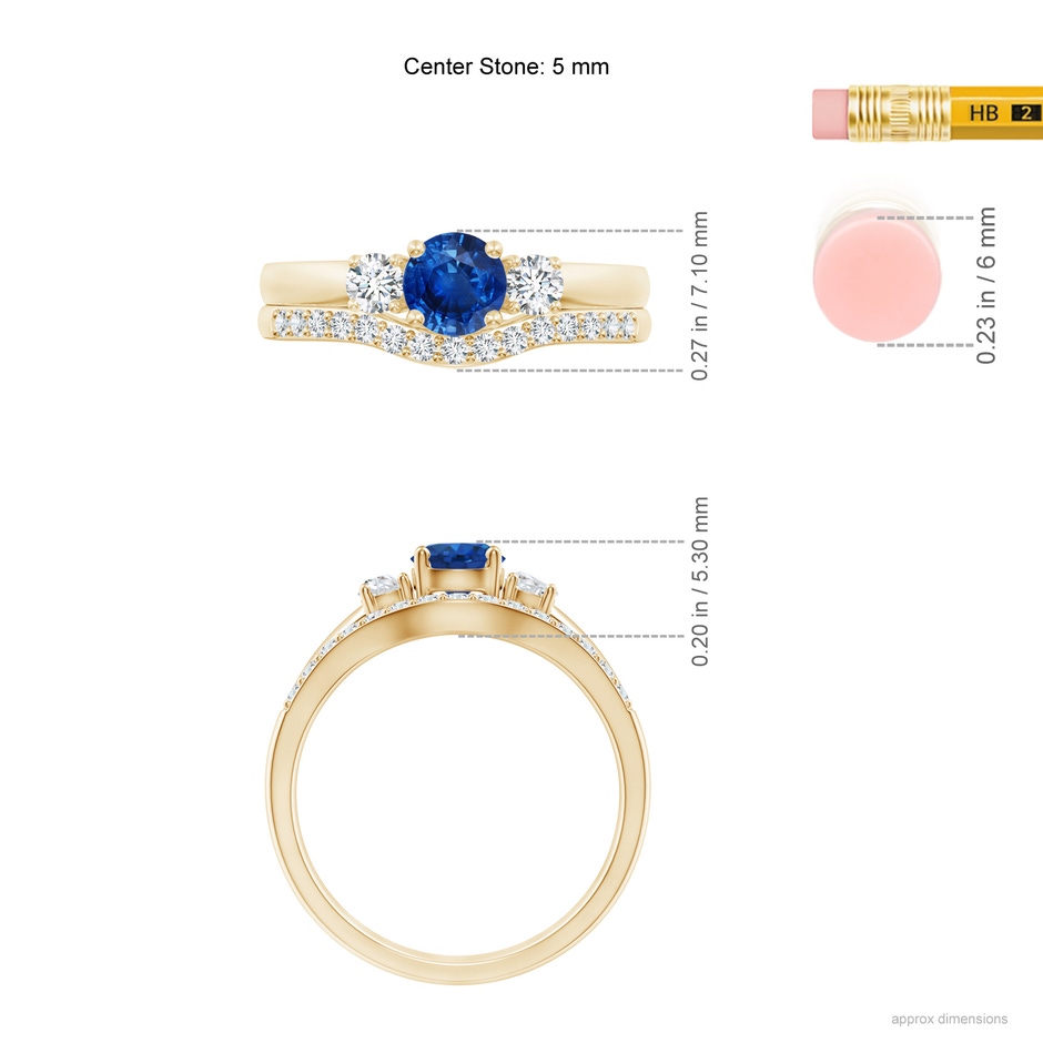 5mm AAA Sapphire and Diamond Three Stone Bridal Set in Yellow Gold ruler
