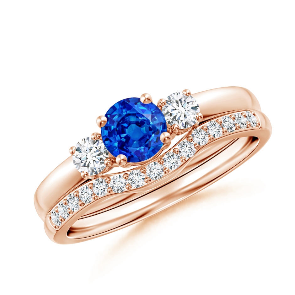 5mm AAAA Sapphire and Diamond Three Stone Bridal Set in Rose Gold 
