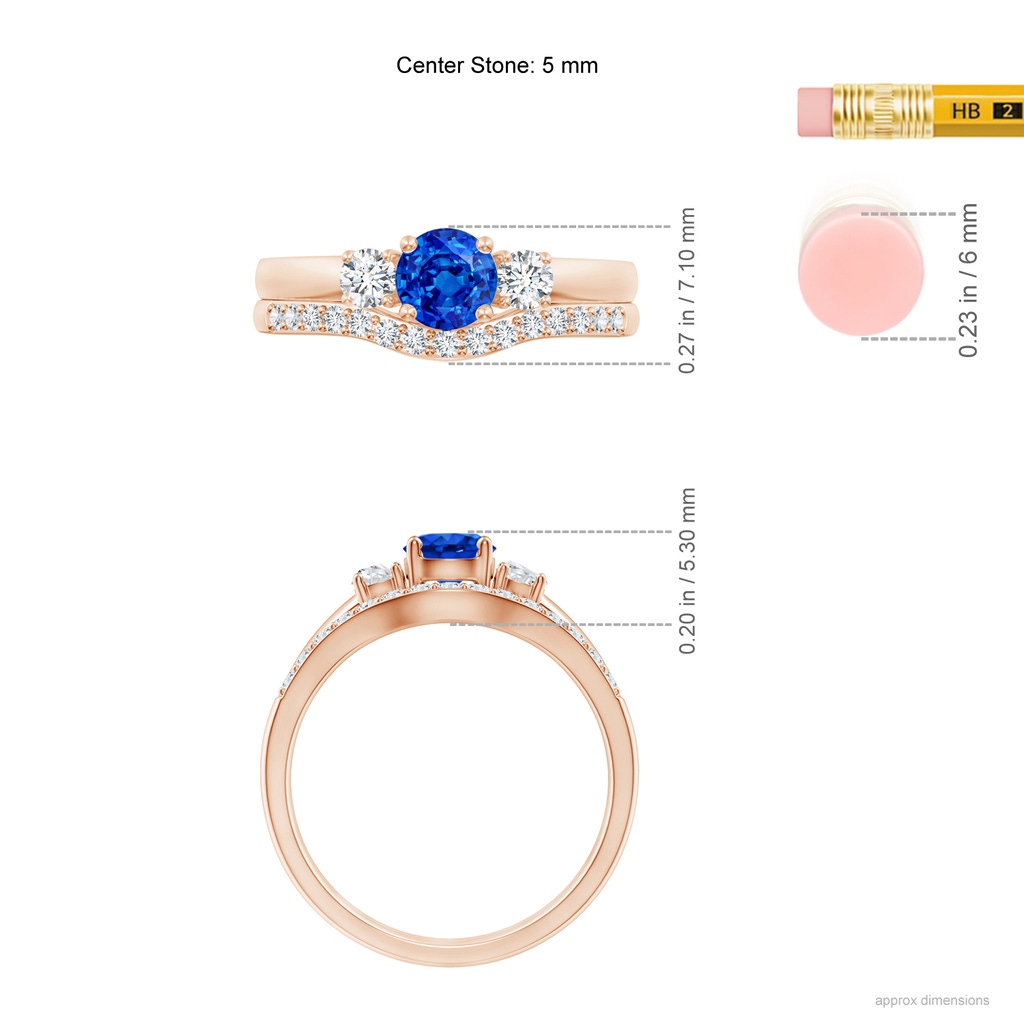 5mm AAAA Sapphire and Diamond Three Stone Bridal Set in Rose Gold Ruler