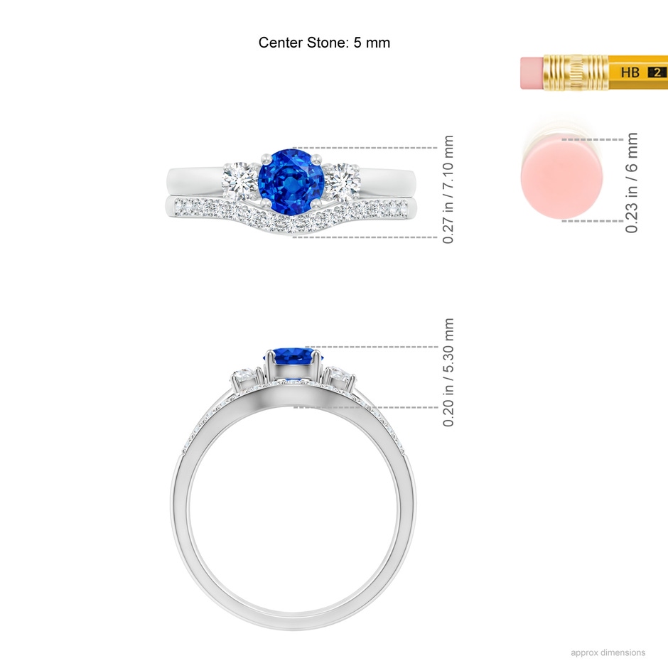 5mm AAAA Sapphire and Diamond Three Stone Bridal Set in White Gold ruler